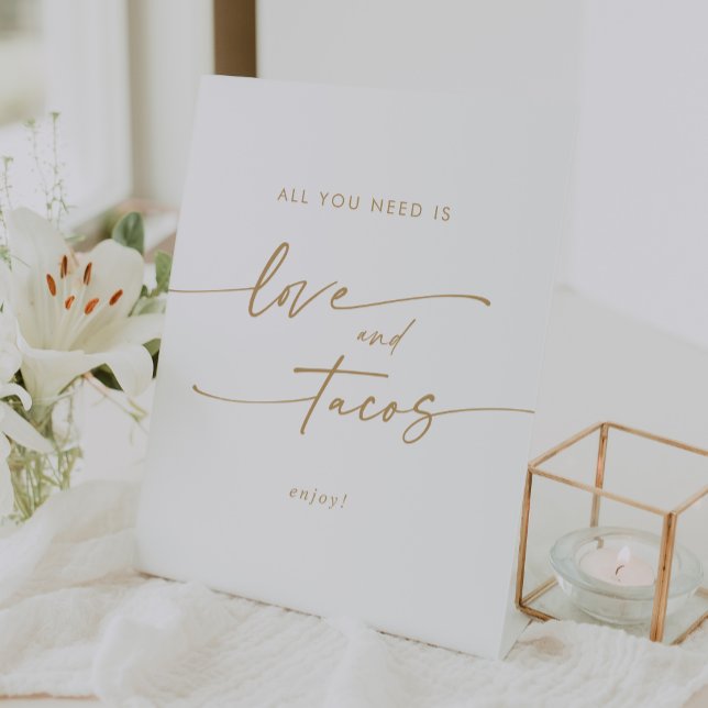 Boho Chic Gold und White Liebe Taco Bar Wedding Sockelschild (Boho Chic Gold and White Love Taco Bar Wedding Pedestal Sign)