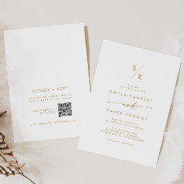 Boho Chic Gold und White Monogram QR Code Wedding Einladung
