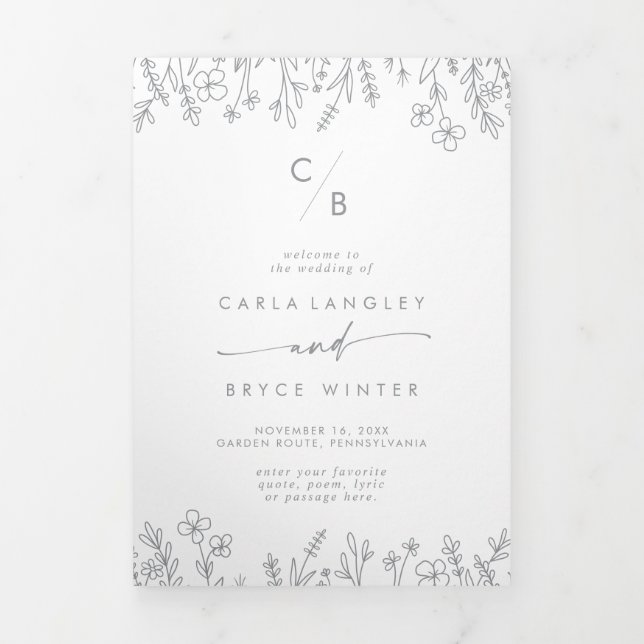 Boho-Chic Graue Wildblumen-Monogramm-Hochzeit Dreifach-gefaltete Programmkarte (Cover)