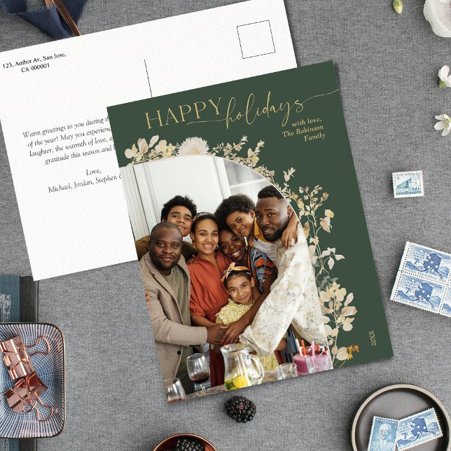 Boho Chic Green Gold Botanischer Foto Holiday Postkarte (Von Creator hochgeladen)