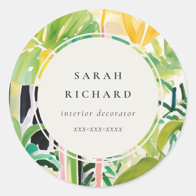 Boho Chic Green Tropical Leafy Foliage Botanical Runder Aufkleber (Vorderseite)