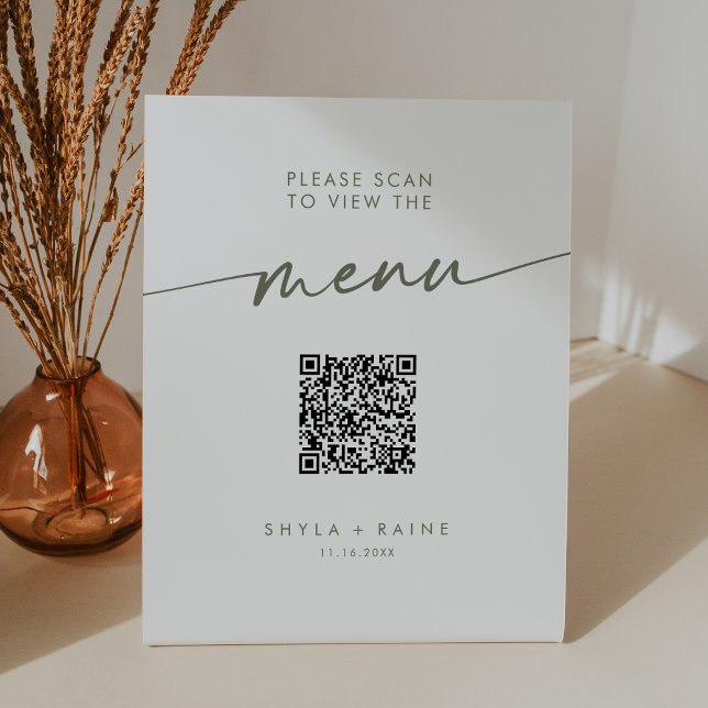 Boho Chic Green und White QR Code Wedding Menu Sockelschild (Von Creator hochgeladen)