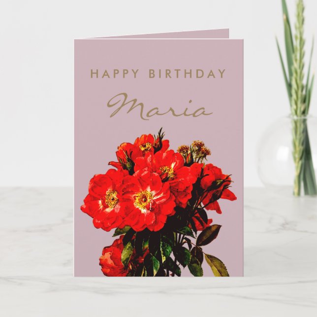 Boho Chic Happy Birthday Rote Rosen Bouquet Mauve Karte (Vorderseite)