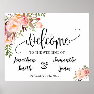 Boho-Chic-Hochzeit-Willkommensschild rosa Blumenpo Poster