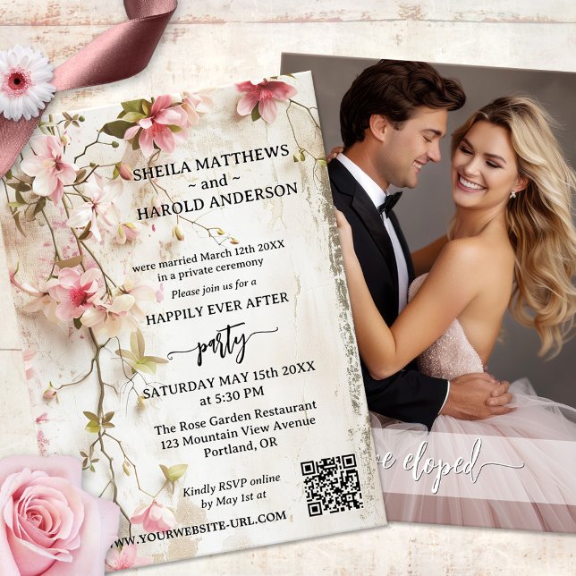 Boho Chic Hochzeitsempfang nur Eloption Einladung (Boho chic happily ever after or post wedding invitation featuring your photo and watercolor flowers)