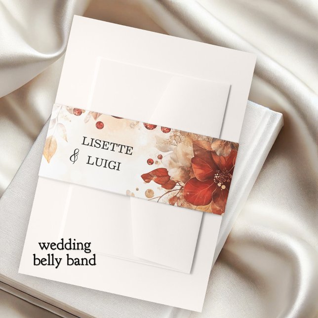 Boho Chic Italian Red Floral Wedding Einladungsbanderole (Elegant boho chic wedding invitation belly band showing a watercolor painting of Italian red flowers)
