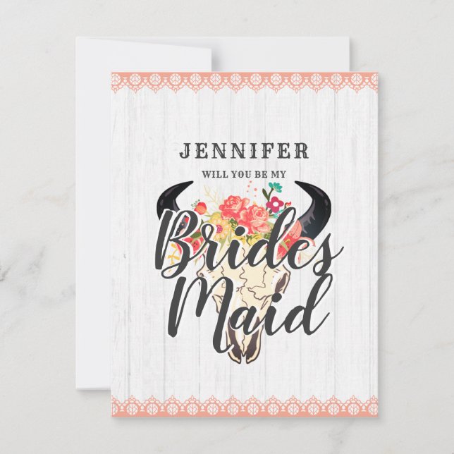 Boho Chic Kuh Skull werden Sie meine Bridesmaid Einladung (Vorderseite)