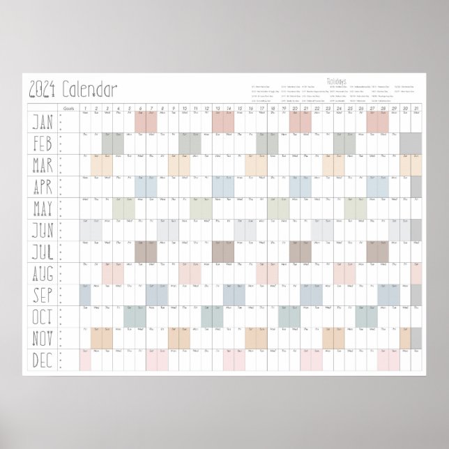 Boho Chic Large 2024 Wall Calendar (Horizontal) Poster (Vorne)