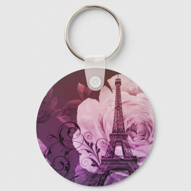 Boho chic lila floral Girly Paris Eiffel Tower Schlüsselanhänger (Vorderseite)