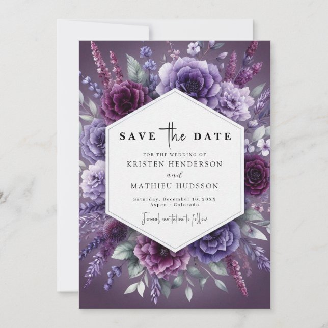 Boho Chic Lila Floral Wedding Save The Date (Vorderseite)