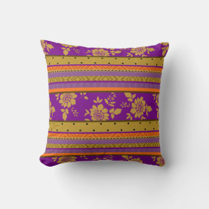 Boho Chic Lila Orange Blumen Streifen Muster Kissen