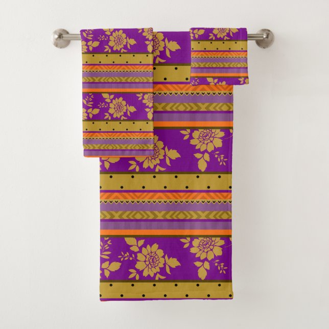Boho Chic Lila Orange Blumenmuster Badhandtuch Set (Insitu)