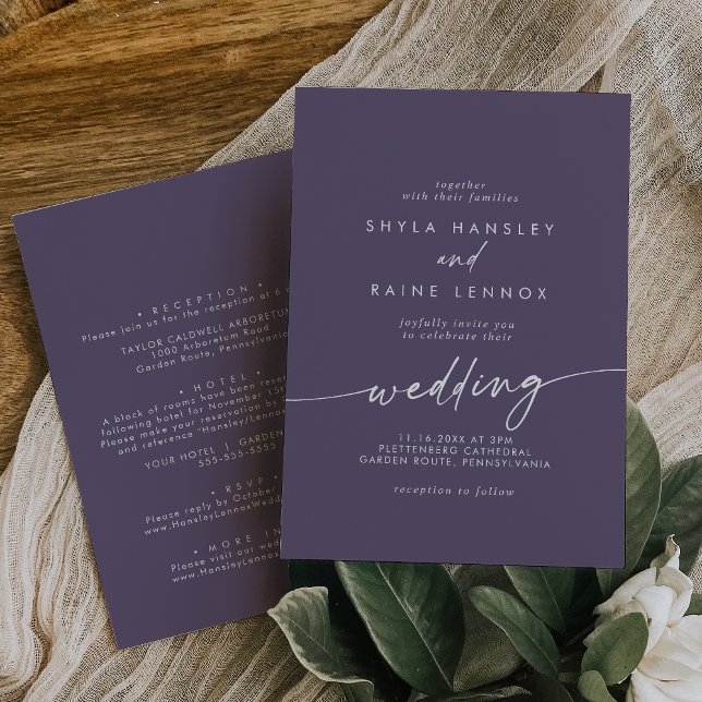 Boho Chic Lila Plum Front and Back Wedding Einladung (Von Creator hochgeladen)