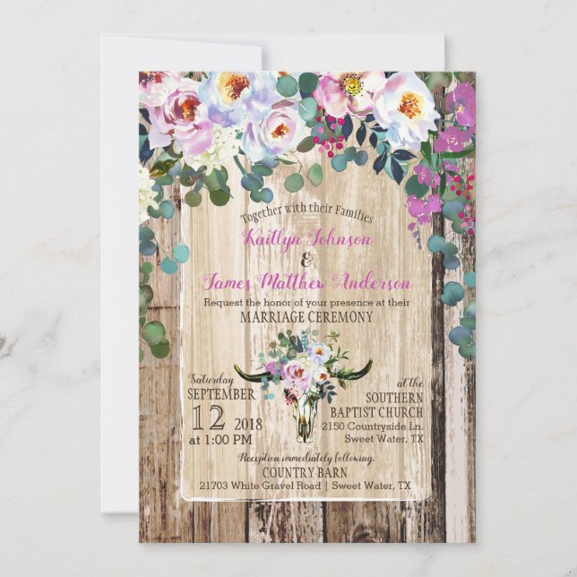 Boho Chic Longhorn Kuh Skull Floral Wedding Einladung (Vorderseite)