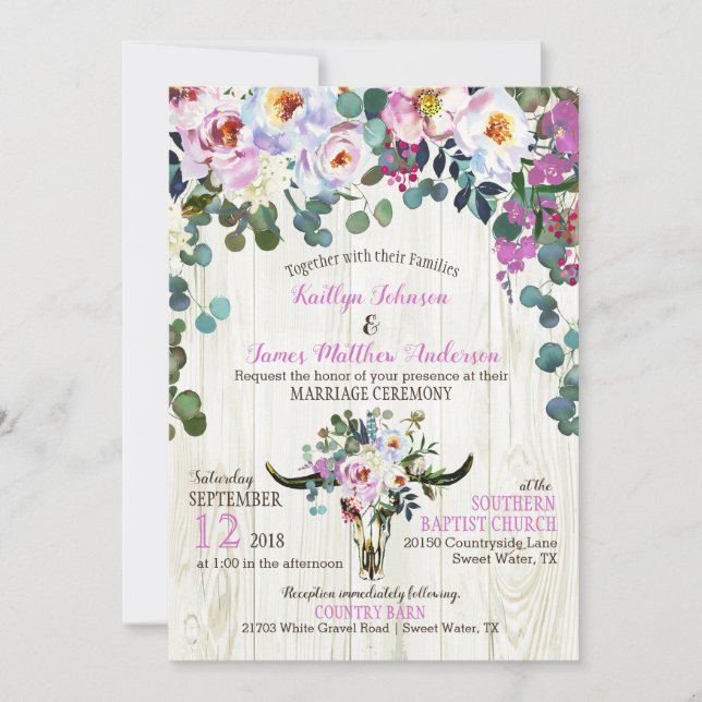 Boho Chic Longhorn Kuh Skull Floral Wedding Einladung (Vorderseite)