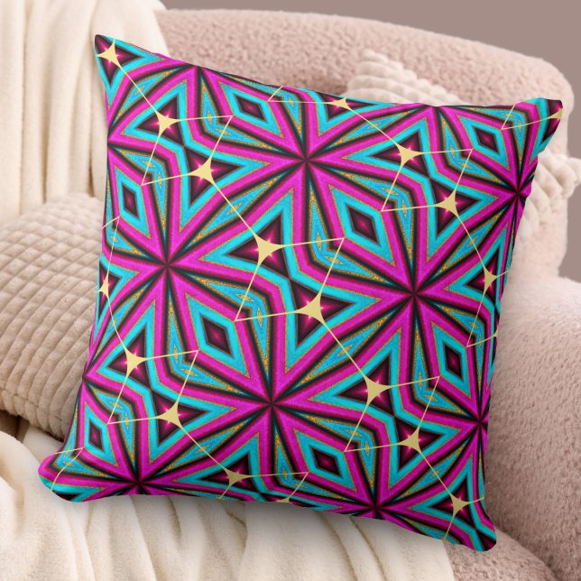 Boho Chic Magenta und Türkis Gemustert Cool Kissen (A chic pillow in vibrant magenta, turquoise and faux gold colors, with geometric abstract design)