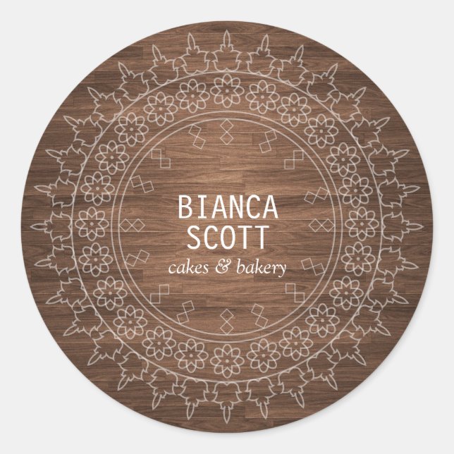 Boho Chic Mandala auf Dark Wood Runder Aufkleber (Vorderseite)