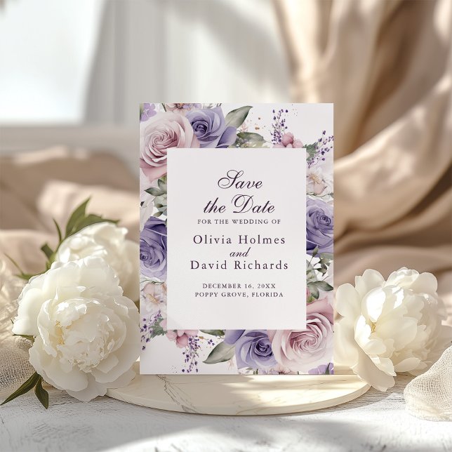 Boho Chic Mauve und Lilac Rose Save the Date Card (Boho Chic Mauve and Lilac Roses Save the Date Card on a boho table with white peonies)