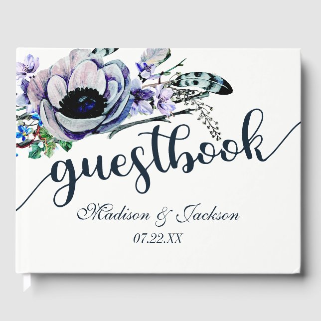 Boho Chic Mint & Navy Floral Wedgram Gästebuch (Vorderseite)