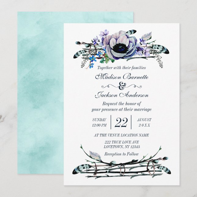 Boho Chic Mint & Navy Florale Hochzeits-Einladung Einladung (Vorne/Hinten)