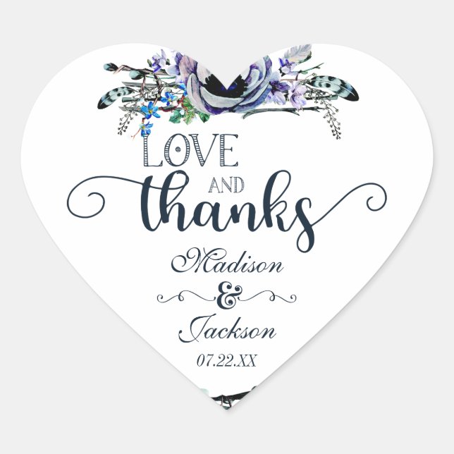 Boho Chic Mint & Navy Liebe & Danke Herz-Aufkleber (Vorderseite)