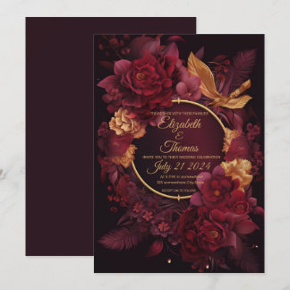 Boho Chic mit Burgundy und Gold Thema. Einladung