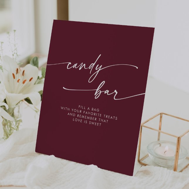Boho Chic Modern Burgundy Red Candy Bar Wedding Sockelschild (Boho Chic Modern Burgundy Red Candy Bar Wedding Pedestal Sign)