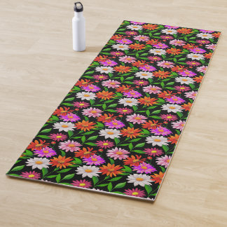 Boho Chic Multicolor Flowers with Leaves on Black Yogamatte