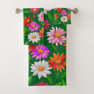 Boho Chic Multicolor Flowers with Leaves on Green Badhandtuch Set