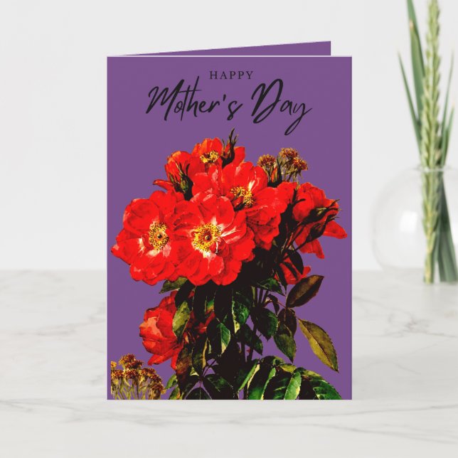 Boho Chic Mutter's Day Rote Rosen Bouquet Lila Karte (Vorderseite)
