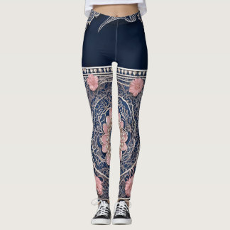 Boho chic navy & blush pink mandala floral AI art  Leggings