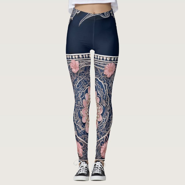 Boho chic navy & blush pink mandala floral AI art  Leggings (Vorderseite)