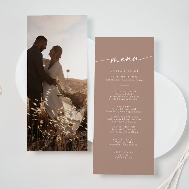 Boho Chic Neutral Taupe Foto Wedding Menükarte (Von Creator hochgeladen)