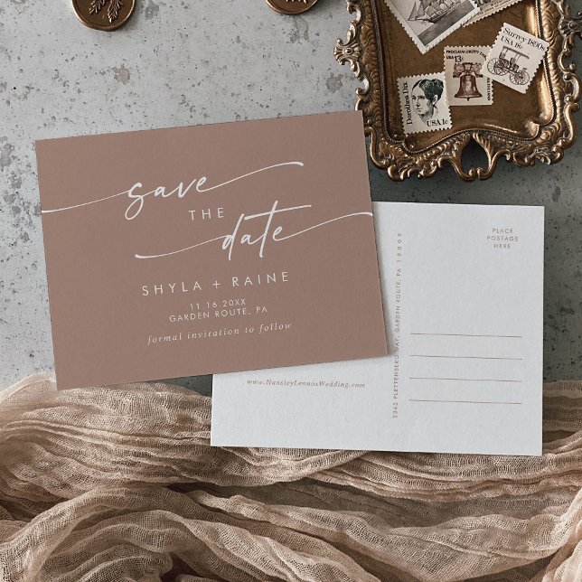 Boho Chic Neutral Taupe Hochzeit retten das Datum Einladungspostkarte (Von Creator hochgeladen)