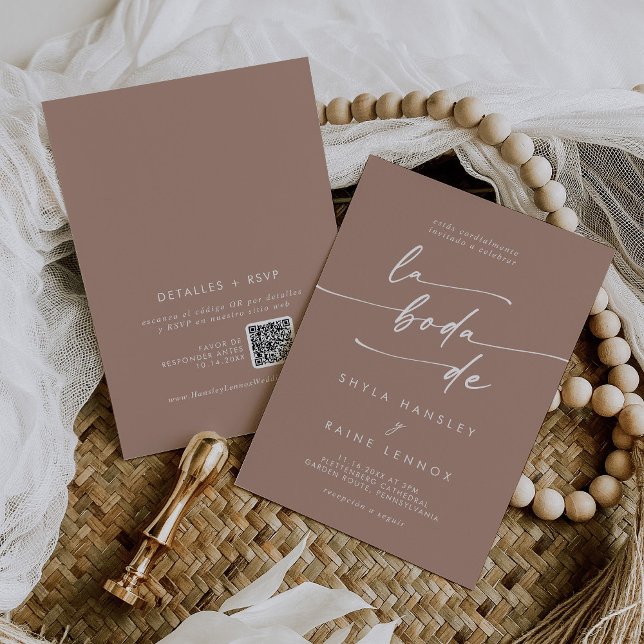 Boho Chic Neutral Taupe QR Code Spanische Hochzeit Einladung (Von Creator hochgeladen)