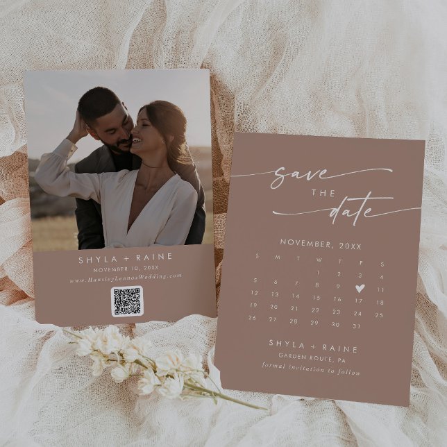 Boho Chic Neutral Taupe QR Foto Calendar Save The Date (Von Creator hochgeladen)