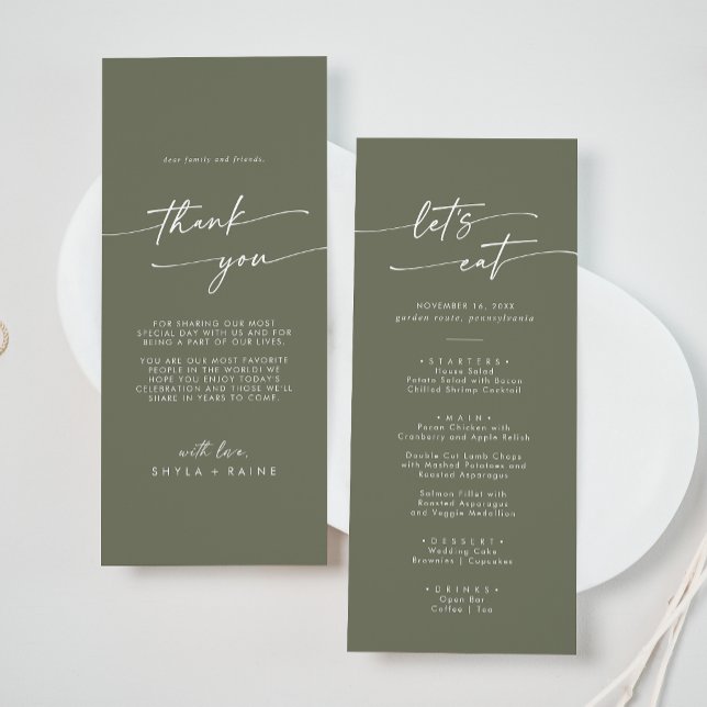 Boho Chic Olive Green Danke und Hochzeit Menükarte (Von Creator hochgeladen)