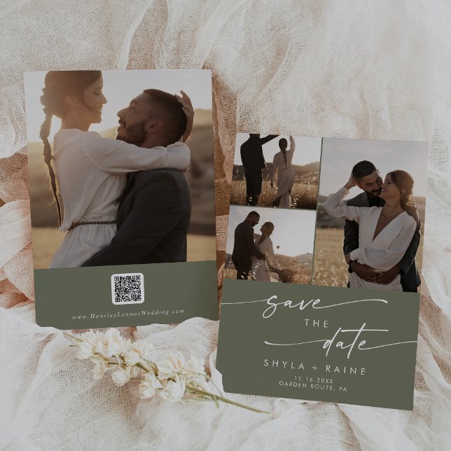 Boho Chic Olive Green Multi Foto QR Code Save The Date (Von Creator hochgeladen)