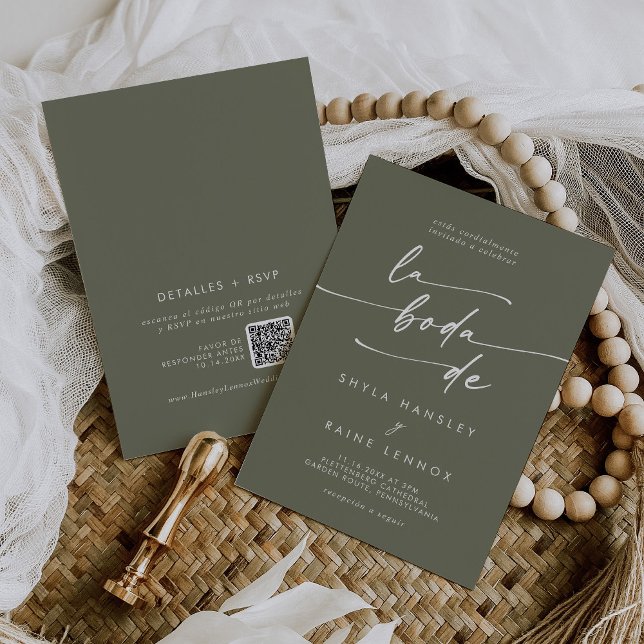Boho Chic Olive Green QR Code Spanische Hochzeit Einladung (Von Creator hochgeladen)