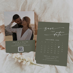 Boho Chic Olive Green QR Foto Calendar Save The Date