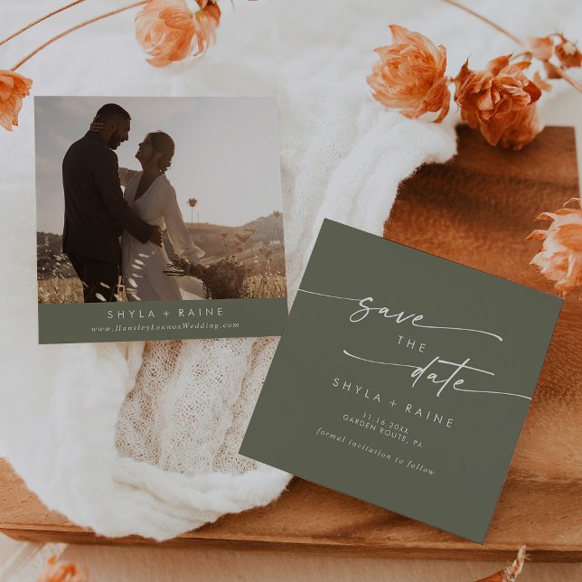 Boho Chic Olive Green Square Foto Zurück Save The Date (Von Creator hochgeladen)