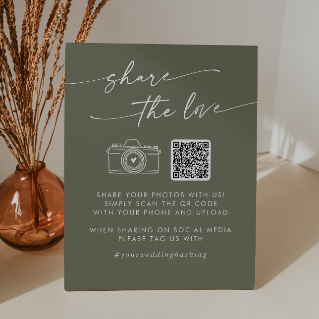 Boho Chic Olive Green Teilen Sie die Liebe QR-Code Sockelschild (Von Creator hochgeladen)