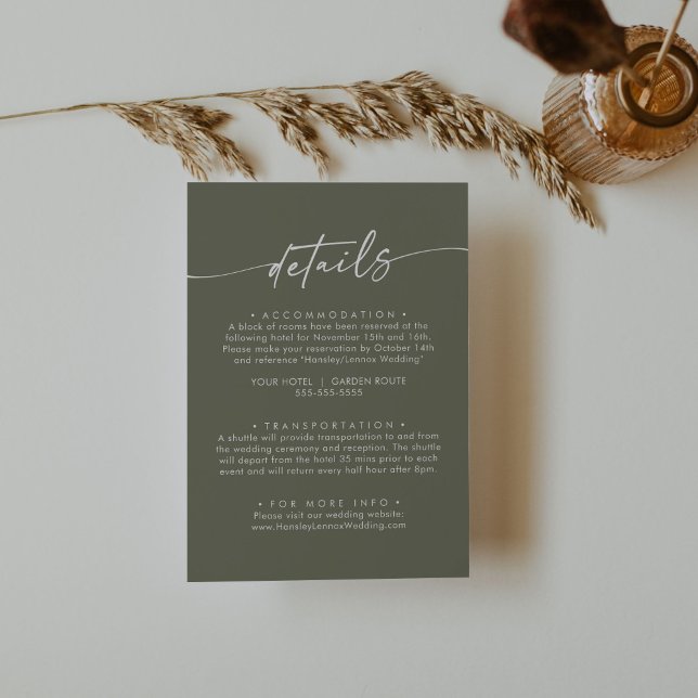 Boho Chic Olive Green Wedding Details Begleitkarte (Von Creator hochgeladen)