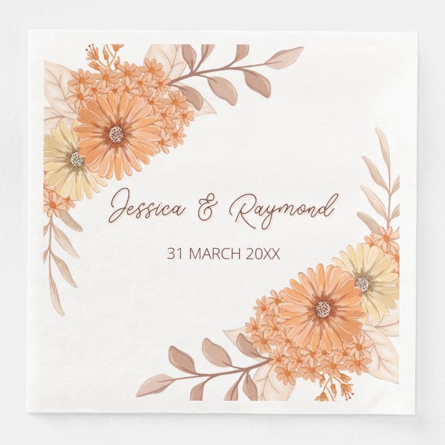 Boho Chic Orange Floral Wedding Serviette (Vorderseite)
