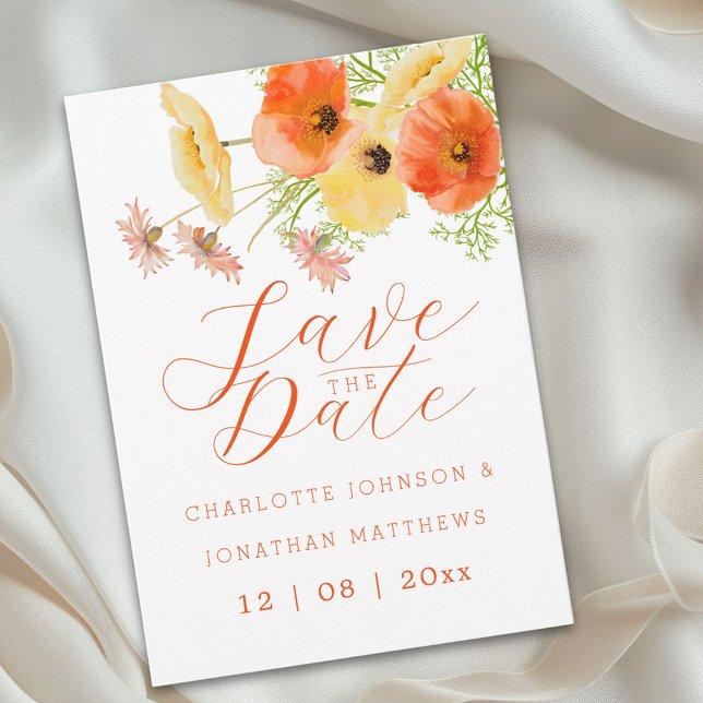 Boho Chic Orange- und Gelbe Wildblumen-Hochzeit Save The Date (Boho chic watercolor wildflower orange & yellow floral wedding save the date card elegant script)