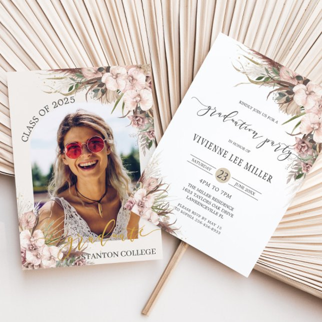 Boho Chic Pampas Grass Orchid Abschluss Einladung (boho pampas grass orchid floral neutral tones graduation party picture invitation cards download)