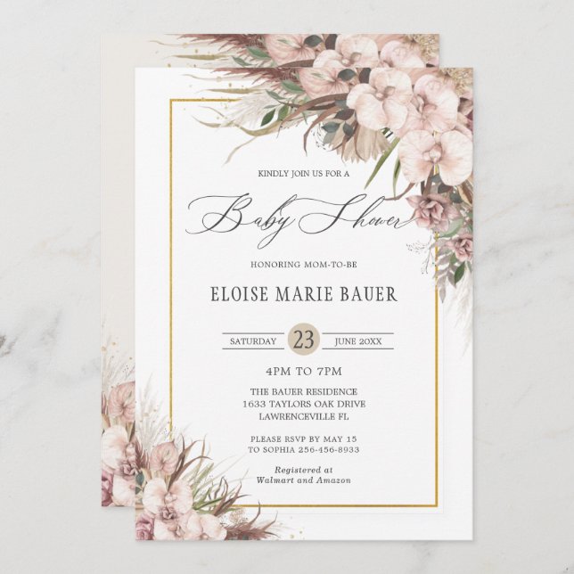 Boho Chic Pampas Grass Orchid Floral Baby Dusche Einladung (Vorne/Hinten)