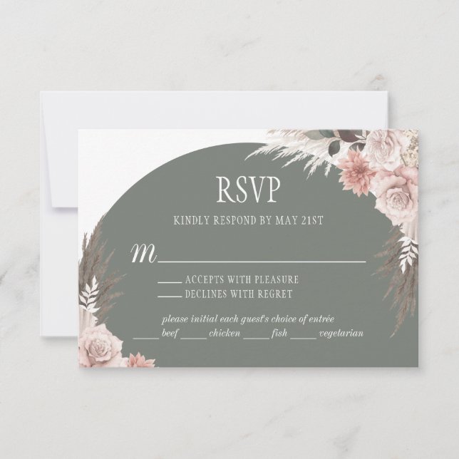 Boho Chic Pampas Grass Sage Green Floral Wedding RSVP Karte (Vorderseite)