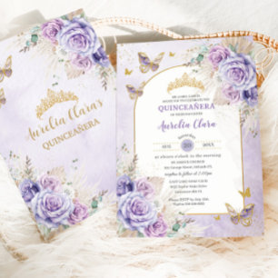 Boho Chic Pampas Lila Lilac Floral Quinceañera Einladung