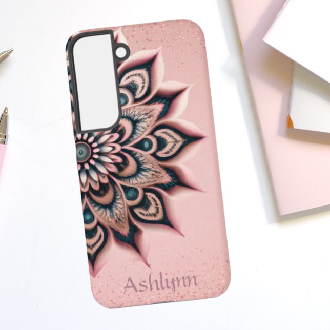 Boho Chic Personalisiert Floral Mandala Rose Gold Samsung Galaxy Hülle (Boho Chic Rose Gold Glitter Painted Mandala Samsung Galaxy Phone Case)